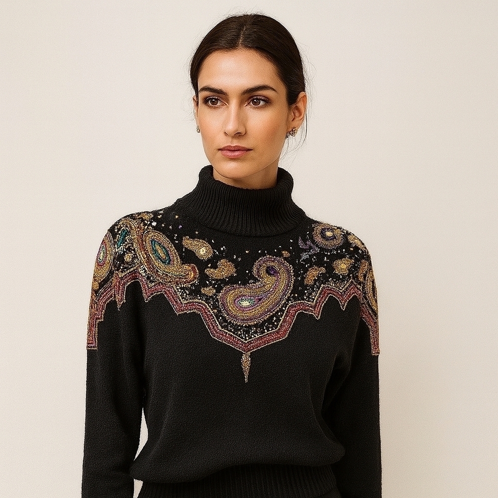 Vintage i.b.diffusions Hand Beaded Silk Angora Wool Sweater Black Gold Paisley S